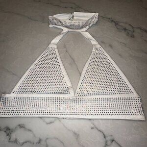 White Rhinestone Halter Crop Top Sparkly Party Clubwear Festival Outfit